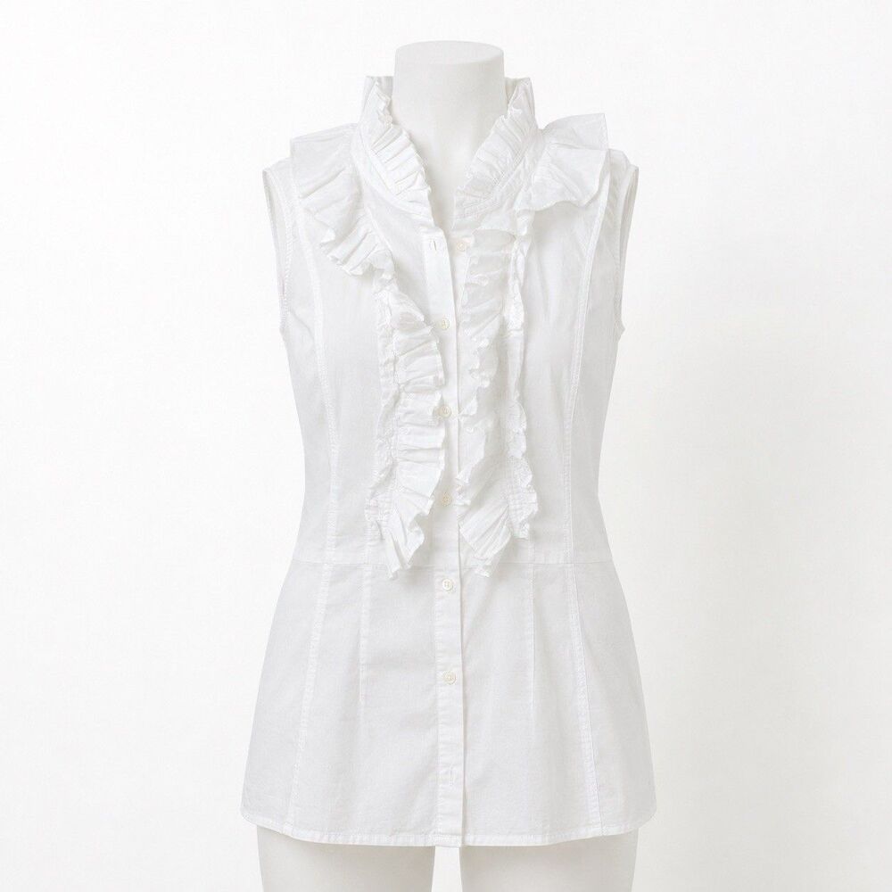 ECI New York White Cotton Ruffle Button Front Sleeveless Blouse Size S